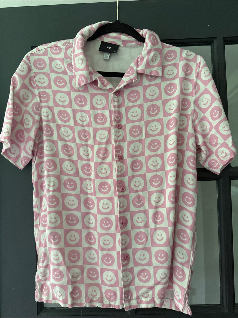 Lazy Oaf Pink and White Smiley-Check Short-Sleeve Button-Up Shirt